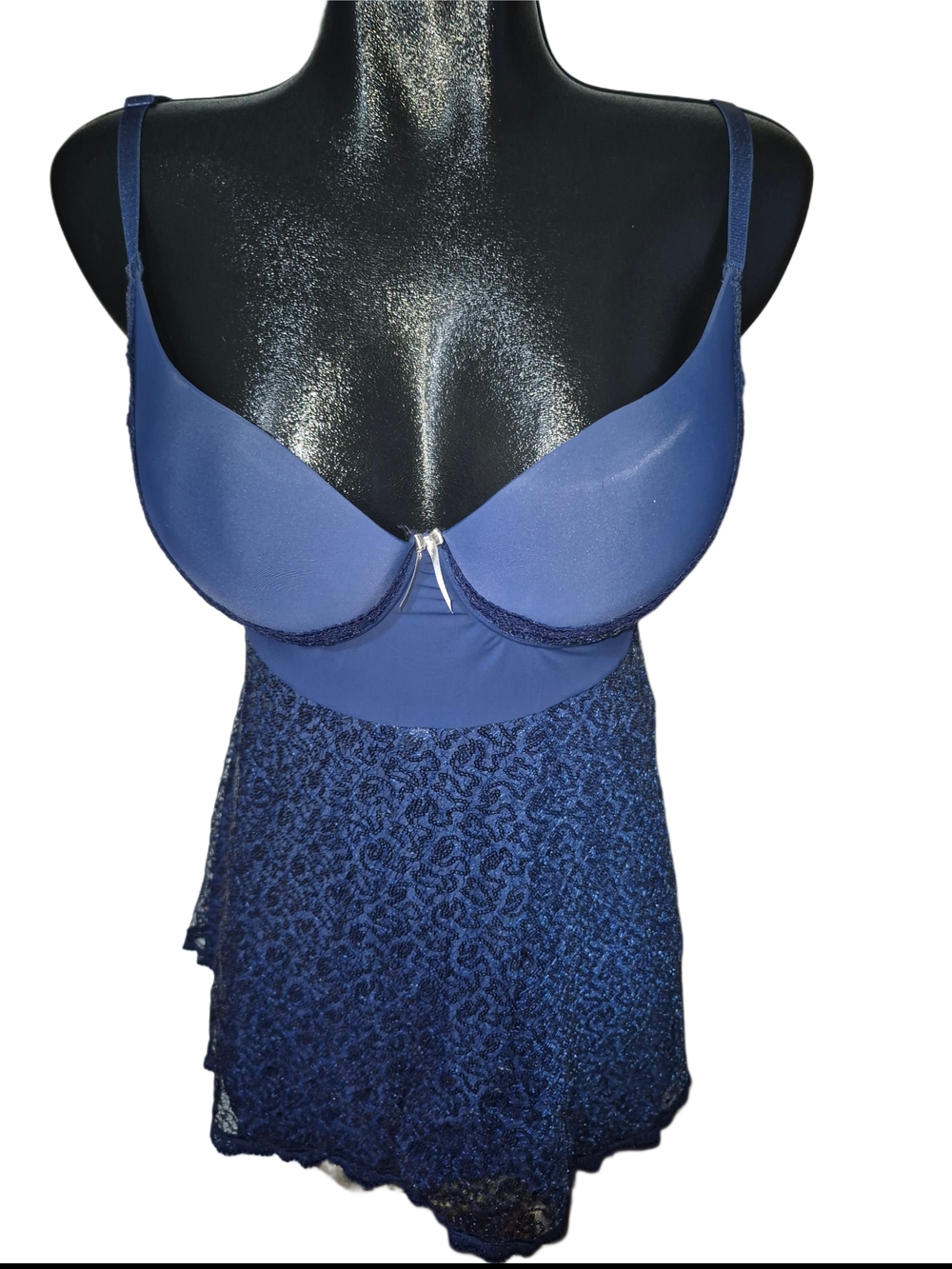Coquette Diva Women's Navy Lace Negligee Chemise With Built-In Push-Up Bra XL